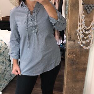 Como black medium blue striped lace up blouse